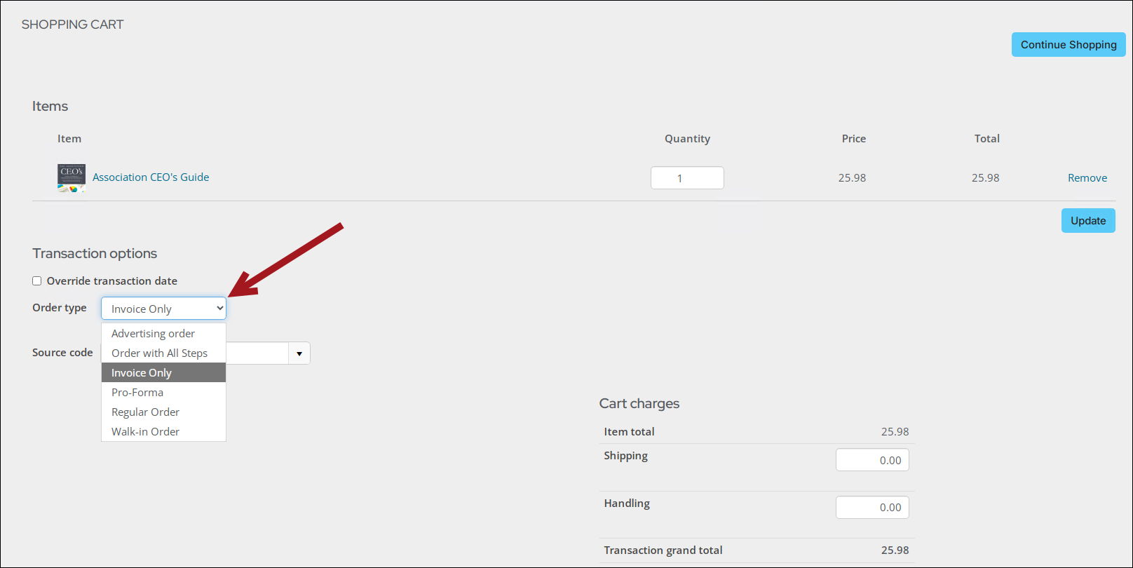 Overriding the Order type in the Cart.